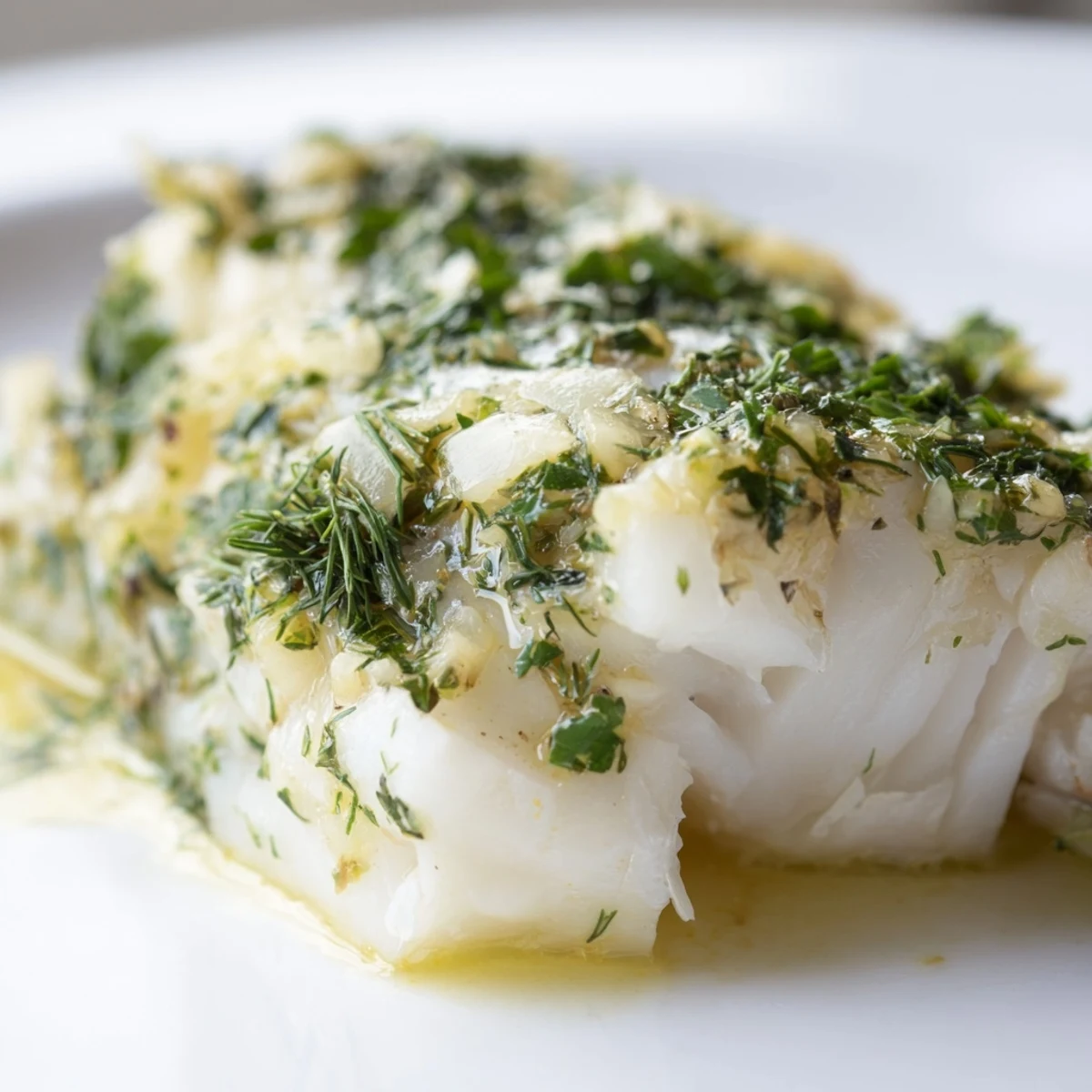 Golden Baked Cod with Garlic Butter and Herbs garnished with parsley, served alongside roasted potatoes.