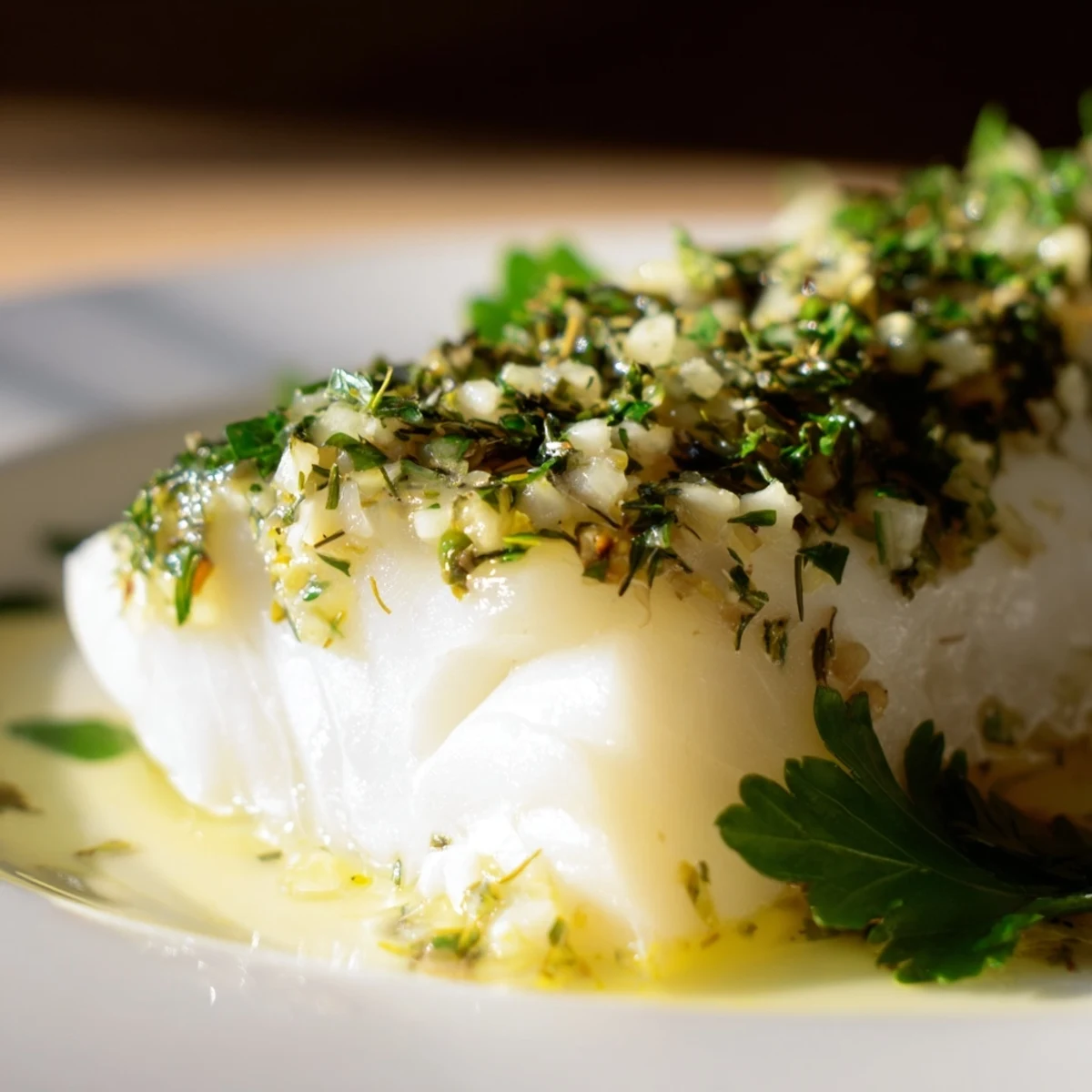 Freshly baked fillet of Baked Cod with Garlic Butter and Herbs on a white ceramic dish.