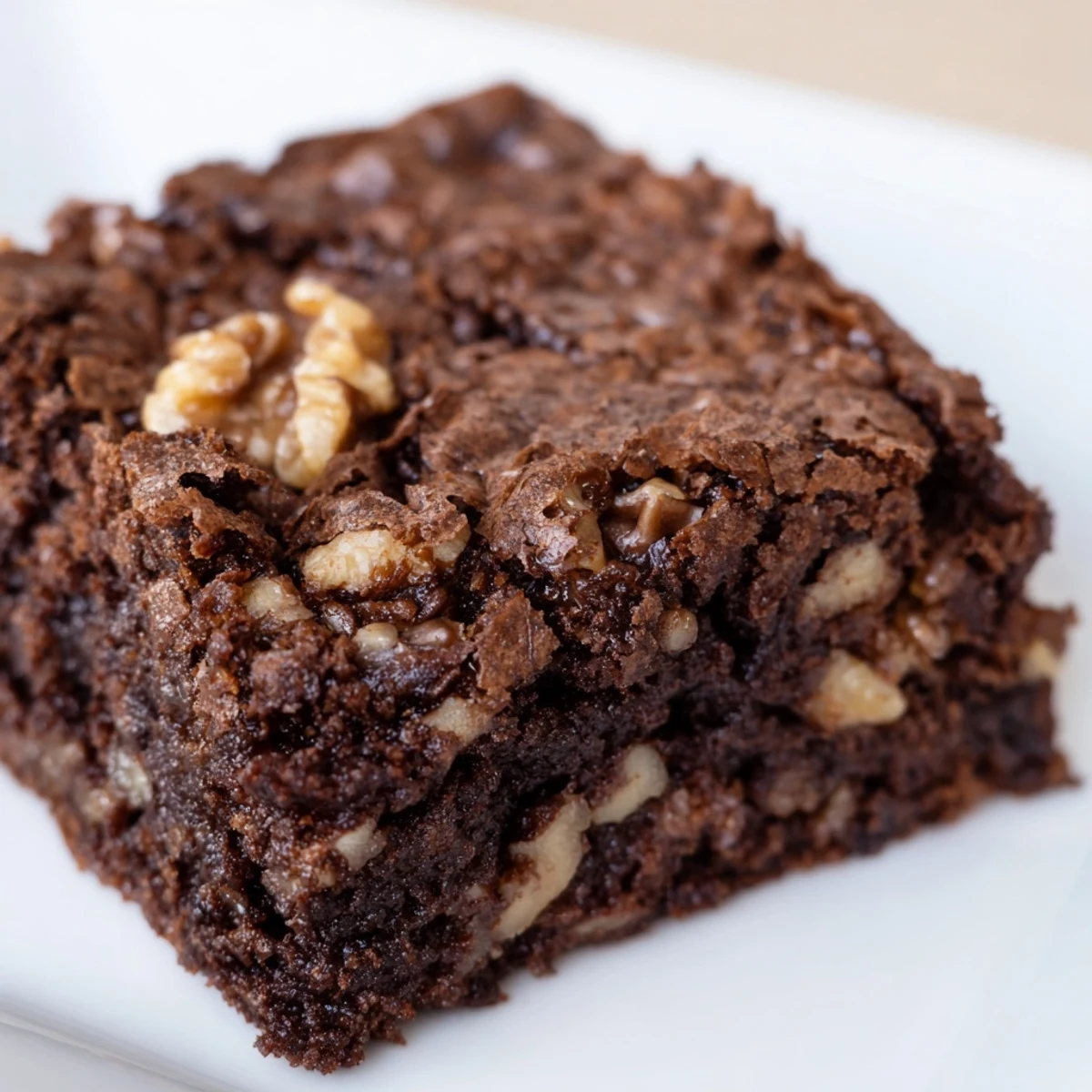 Freshly baked Chocolate Fudge Brownies with Walnuts showcase a rich, cracked top and gooey center, ready to slice on a wooden board.