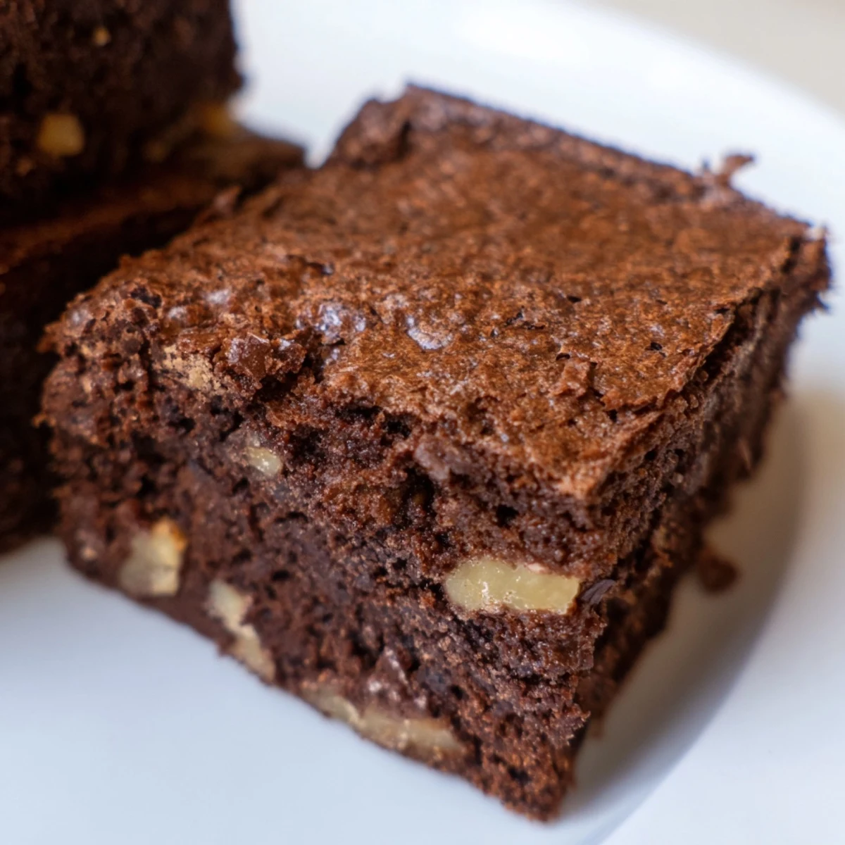 Decadent Chocolate Fudge Brownies with Walnuts are cut into squares, revealing a dense, fudgy interior perfect for serving with a cold glass of milk.