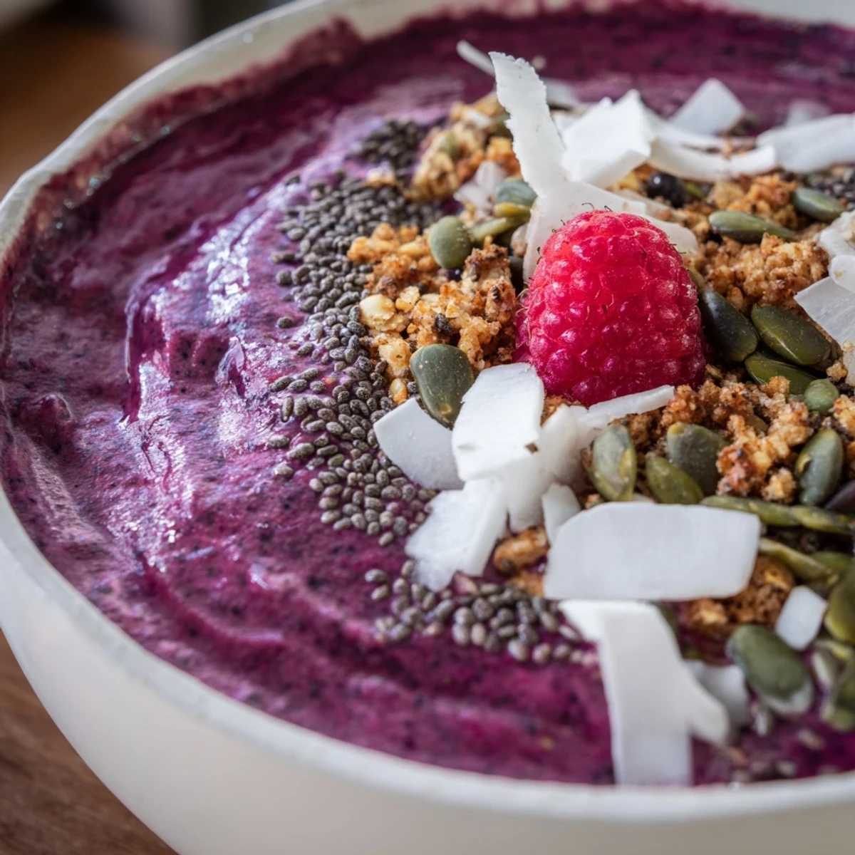 Enjoy a spoonful of this nutritious Winter Berry Smoothie Bowl, a creamy breakfast bowl topped with crunchy seeds.