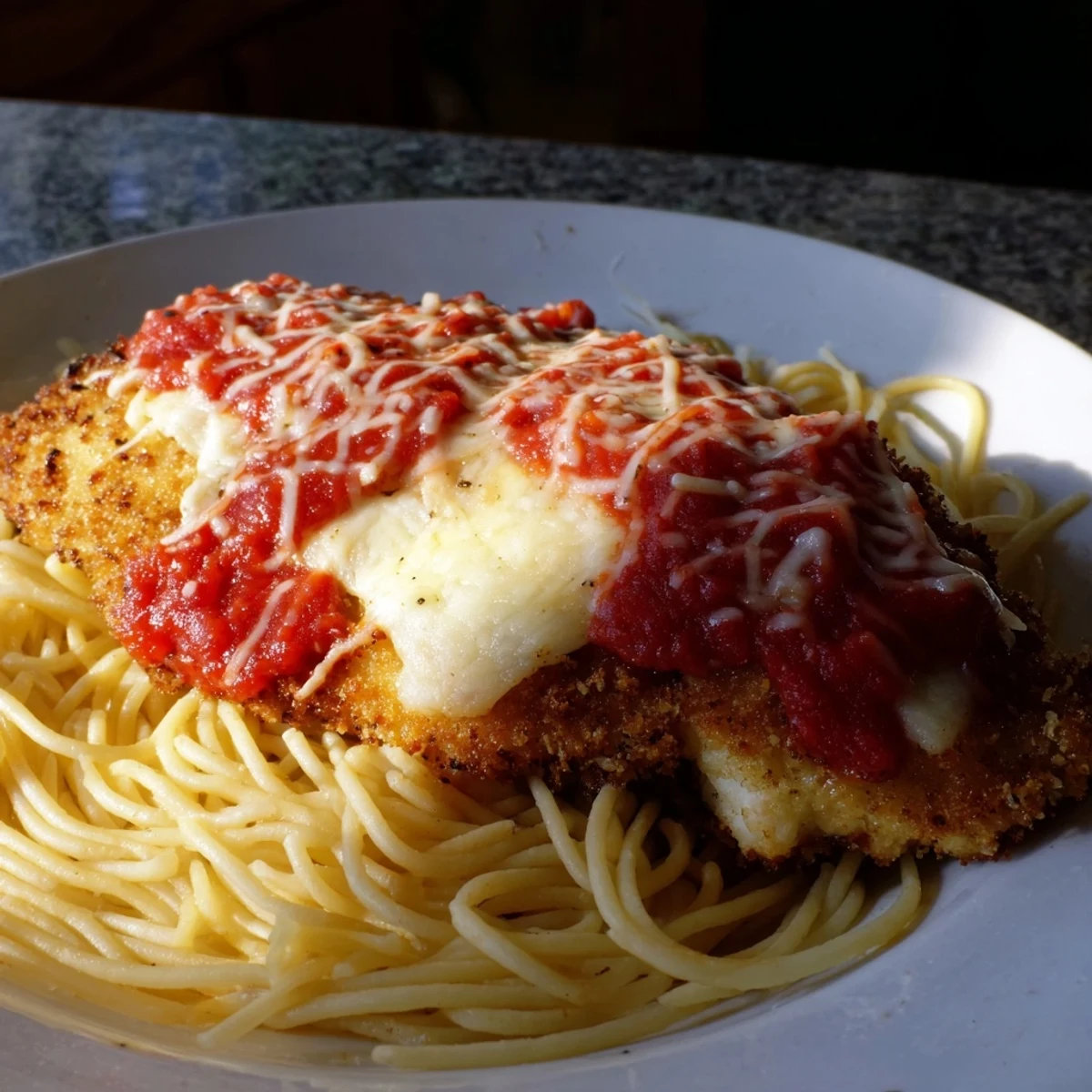Golden-brown breaded chicken parmesan is baked with melted mozzarella and tangy marinara over spaghetti.