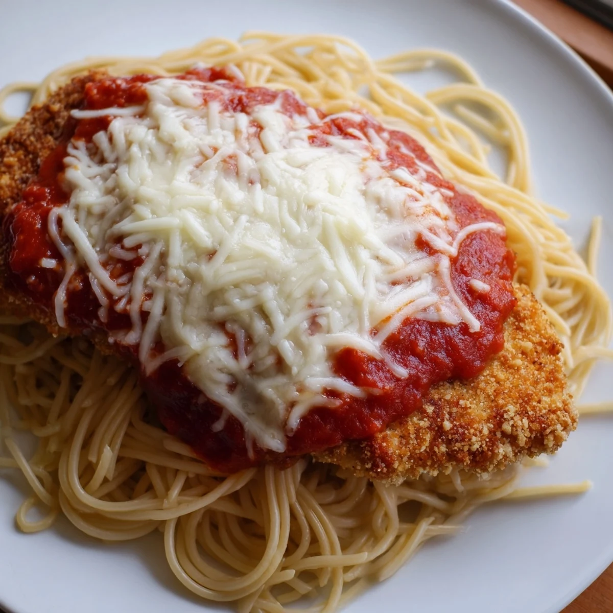 Crispy chicken breasts topped with bubbling cheese and rich tomato sauce sit on pasta.