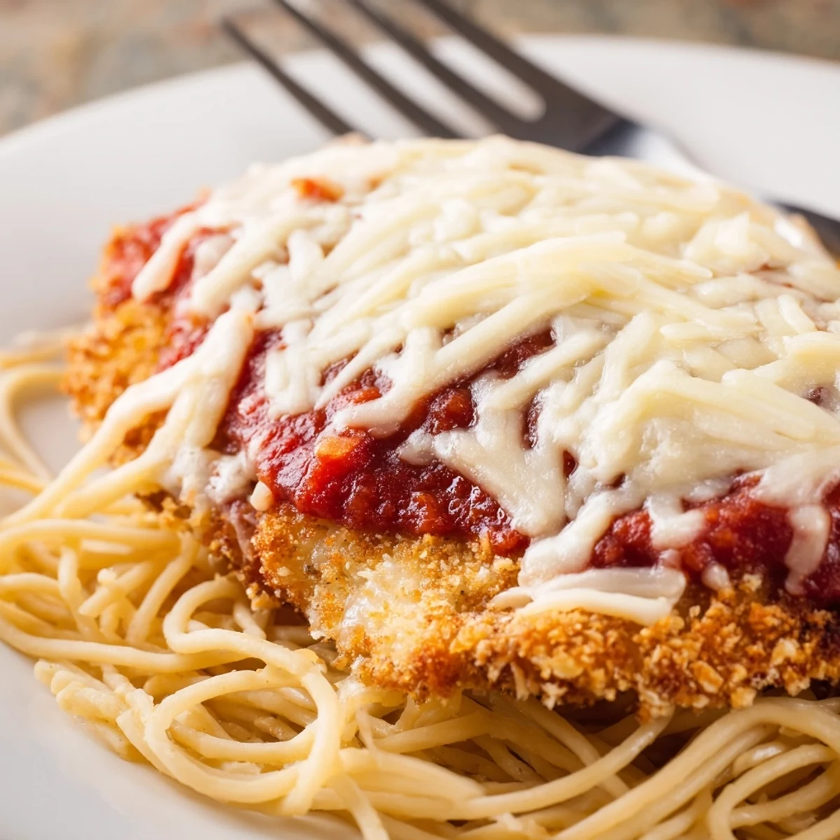 Italian-American chicken parmesesan over spaghetti marinara, garnished with fresh basil for a family-style meal.