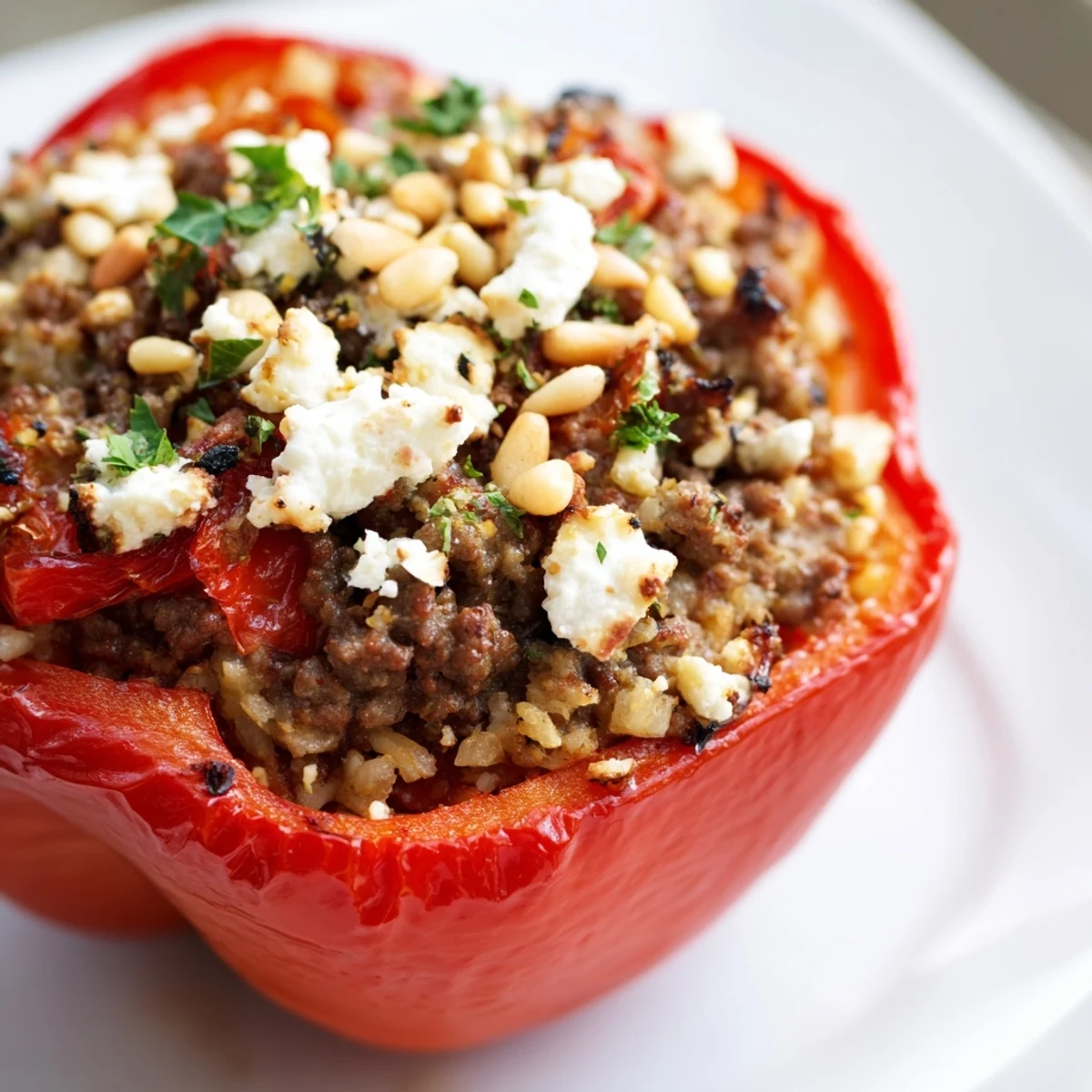 Freshly baked Mediterranean Stuffed Bell Peppers with beef, rice, and herbs resting in a ceramic dish.