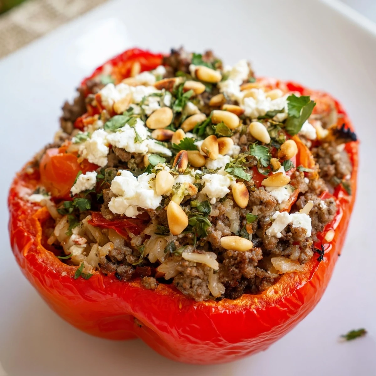 A close-up of Mediterranean Stuffed Bell Peppers with spiced ground beef and fluffy rice filling.