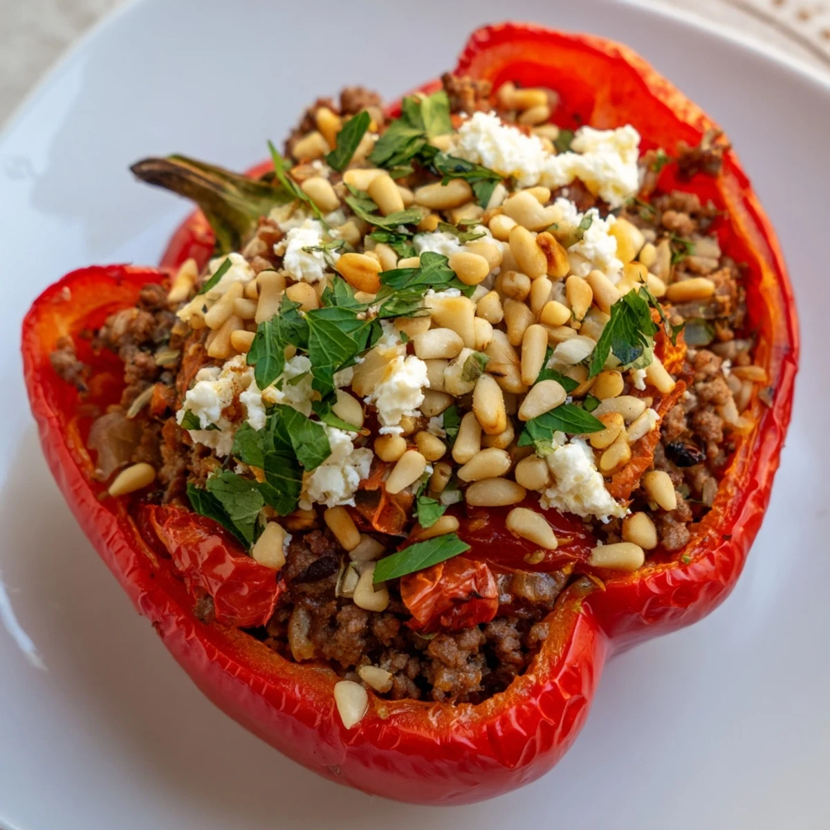 Golden Mediterranean Stuffed Bell Peppers with beef and feta cheese melt in a savory, colorful presentation.