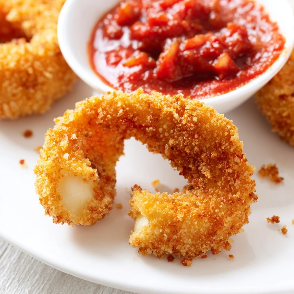 Golden-brown crispy calamari with marinara dipping sauce, lemon wedges, and fresh basil garnish on a rustic plate.
