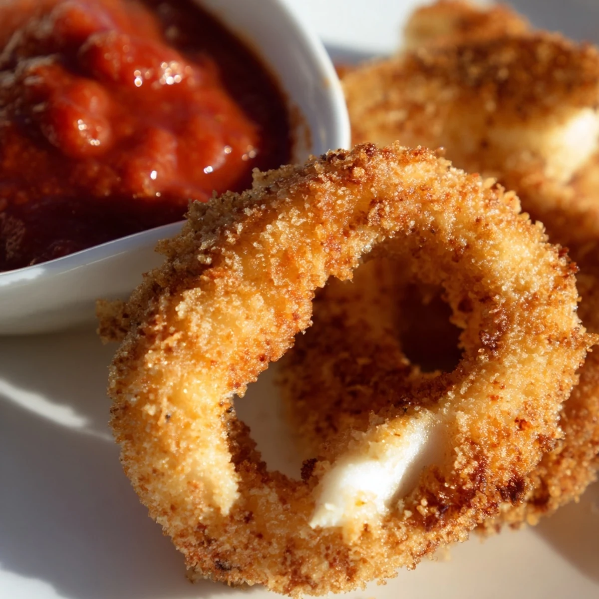 Crispy calamari rings paired with a bowl of tangy marinara sauce and lemon wedges, ready to serve.