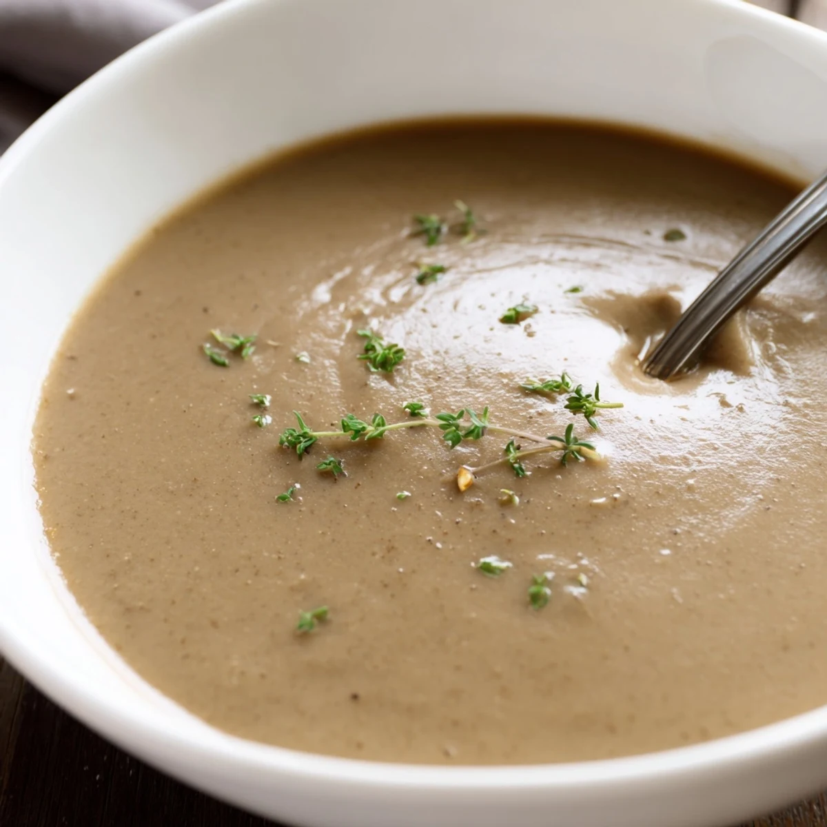 Creamy Mushroom Soup with Thyme in a rustic bowl, garnished with fresh thyme and cracked pepper.