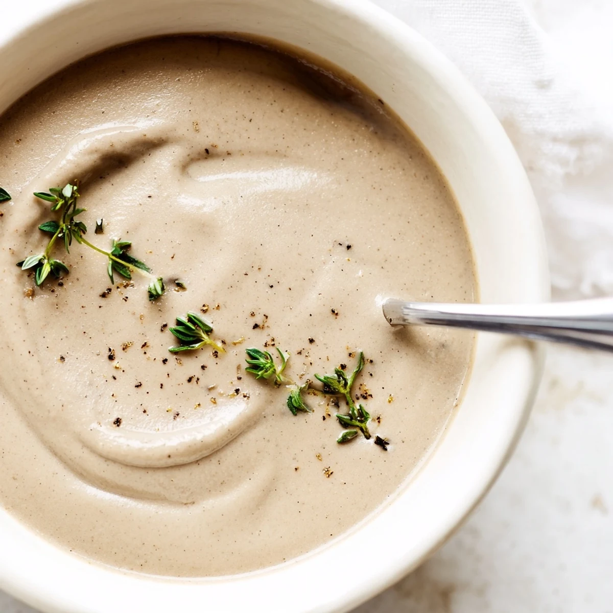 A spoon dipping into rich Creamy Mushroom Soup with Thyme, with garlic toast in the background.