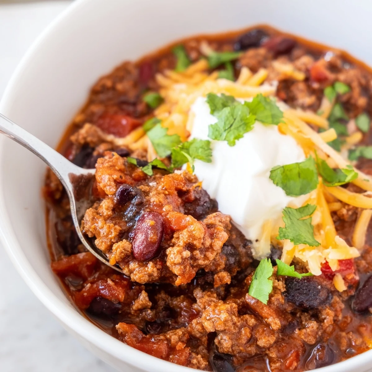Ground beef and beans simmered in a rich, spicy sauce for classic American Beef and Bean Chili with Sharp Cheddar Cheese.