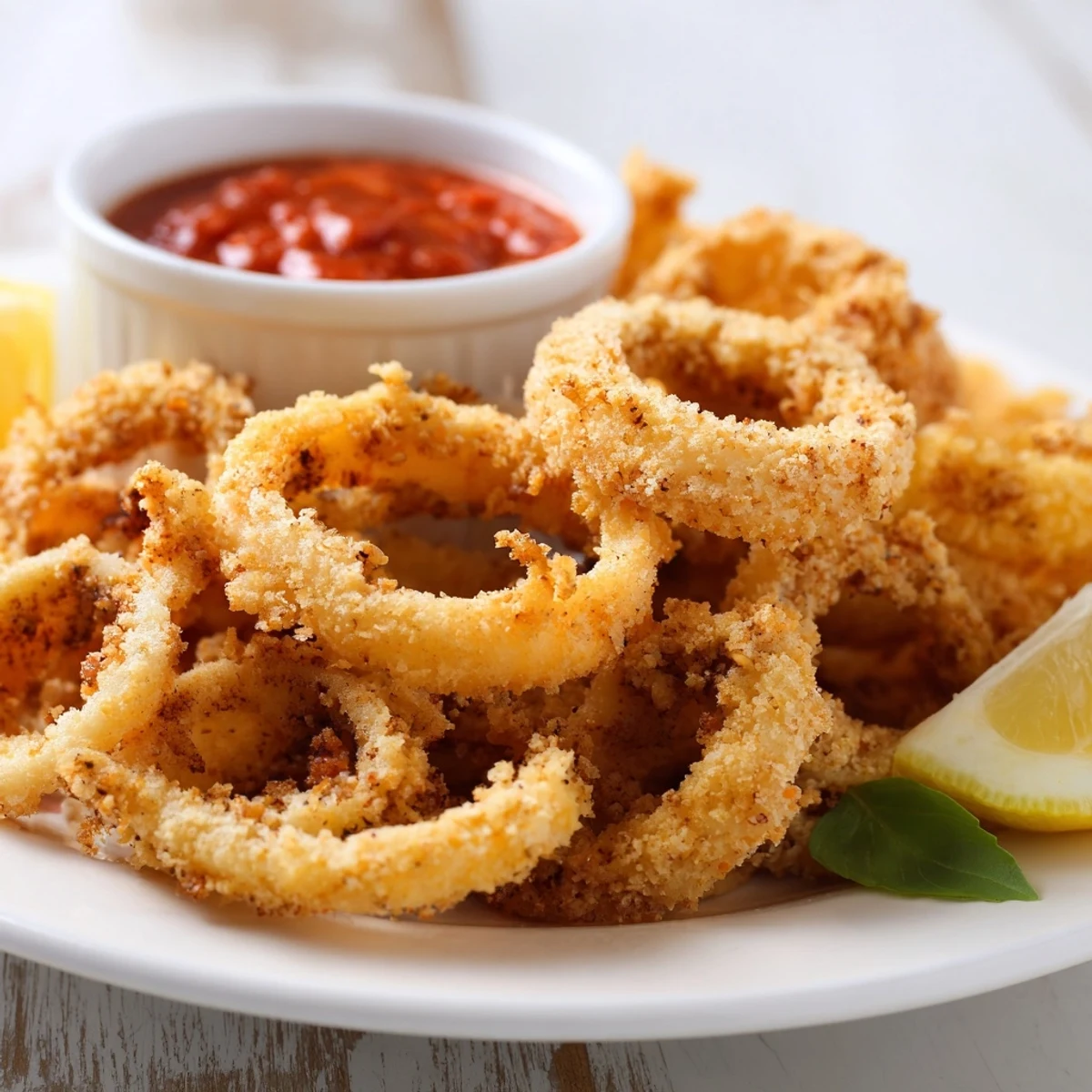 A close-up of Crispy Calamari with Marinara Dipping Sauce, highlighting the crunchy breading and tender squid rings.