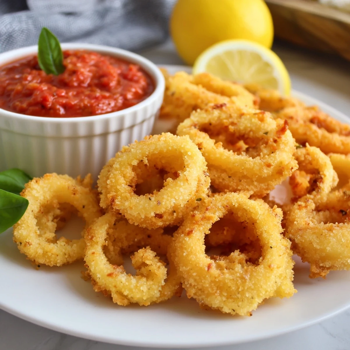 Crispy Calamari with Marinara Dipping Sauce on a white plate, golden-brown and served with a fresh lemon wedge for squeezing.