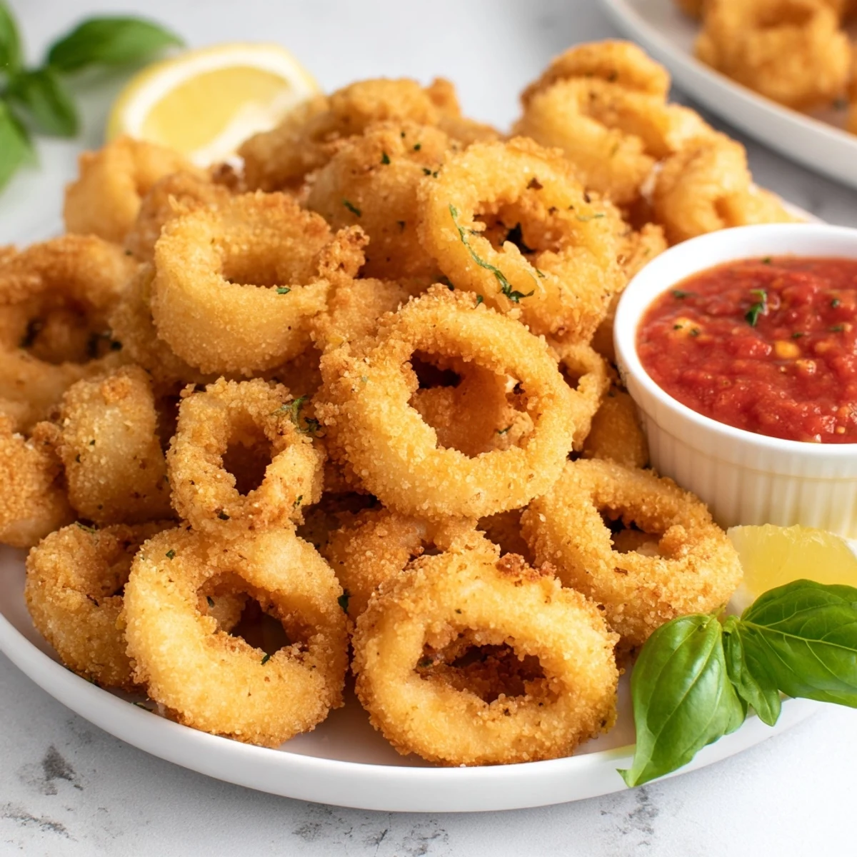 Freshly fried Crispy Calamari with Marinara Dipping Sauce served on a dark plate, perfect for an appetizer.