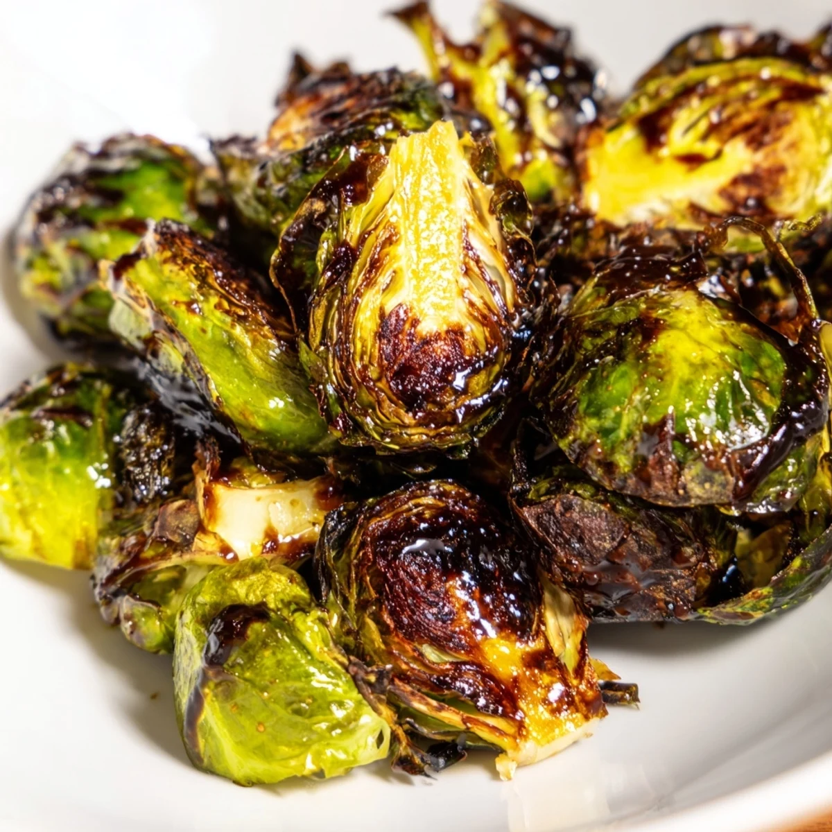 Side dish of Roasted Brussels Sprouts with Balsamic Glaze Reduction drizzled with sweet balsamic glaze.