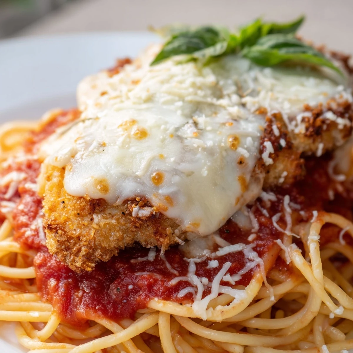 Crispy golden Chicken Parmesan over spaghetti, generously covered in rich marinara and melted mozzarella.