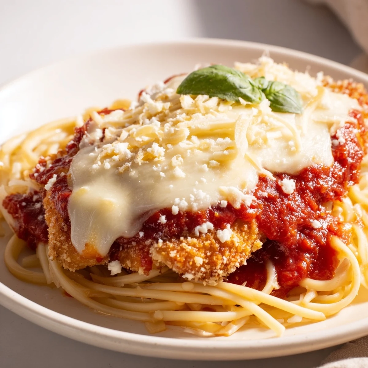 Hearty Italian-American Chicken Parmesan plated with al dente pasta and vibrant red marinara sauce.