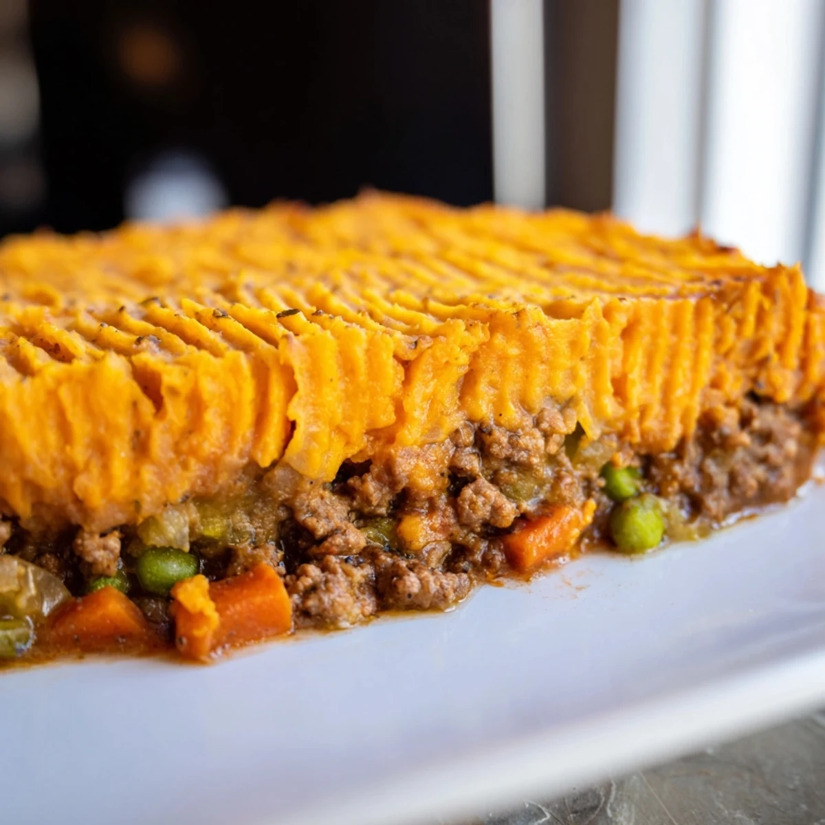 Freshly baked Beef Shepherds Pie with Sweet Potato Mash, featuring a bubbling golden crust and creamy orange topping served hot.