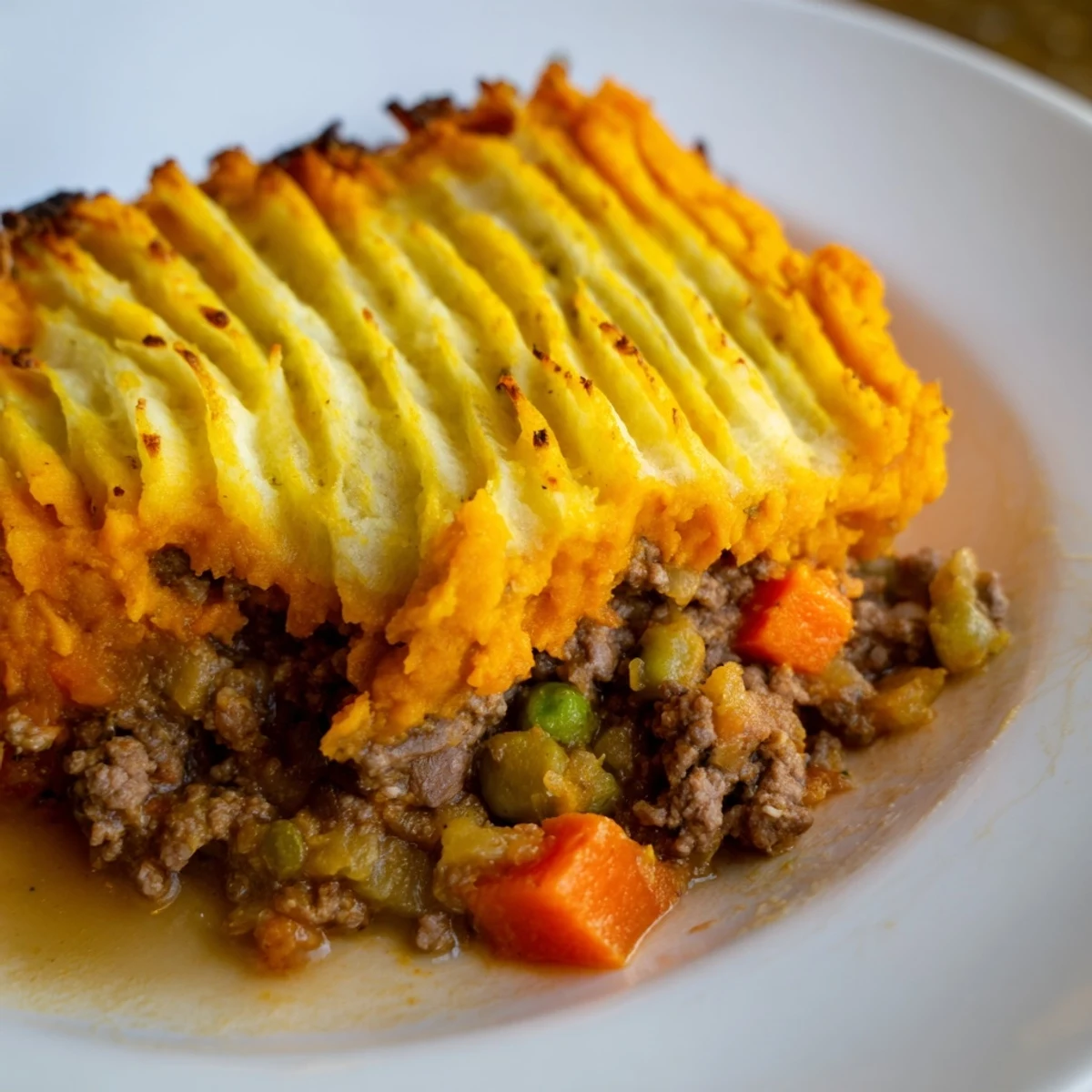 Golden baked casserole of Beef Shepherds Pie with Sweet Potato Mash, steaming beside a glass of red wine for a cozy meal.