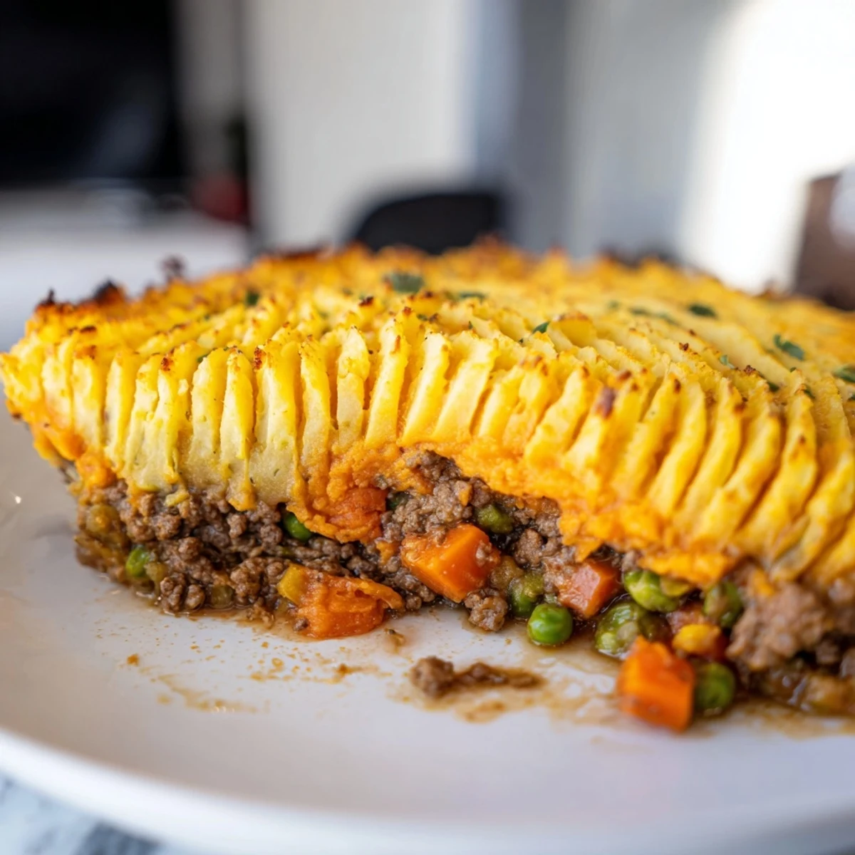 Ground beef filling and vegetables topped with sweet potato mash for a hearty Beef Shepherds Pie, ready to serve on a dinner plate.