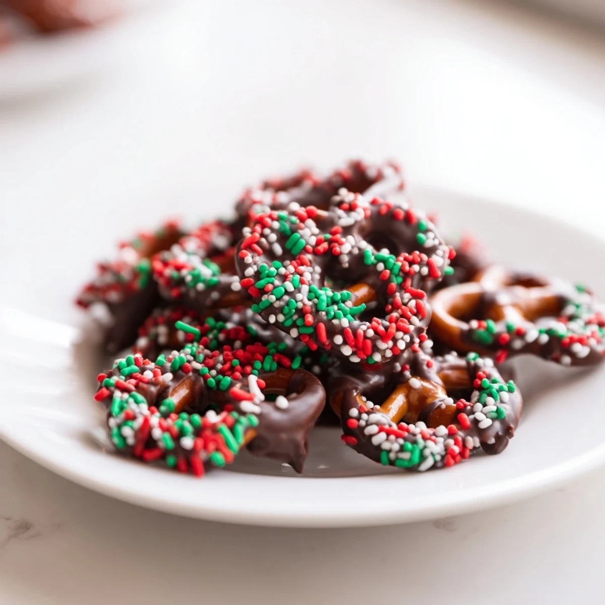 Chocolate Covered Pretzels with Festive Sprinkles stacked on a white plate, colorful toppings adding a sweet and salty crunch.