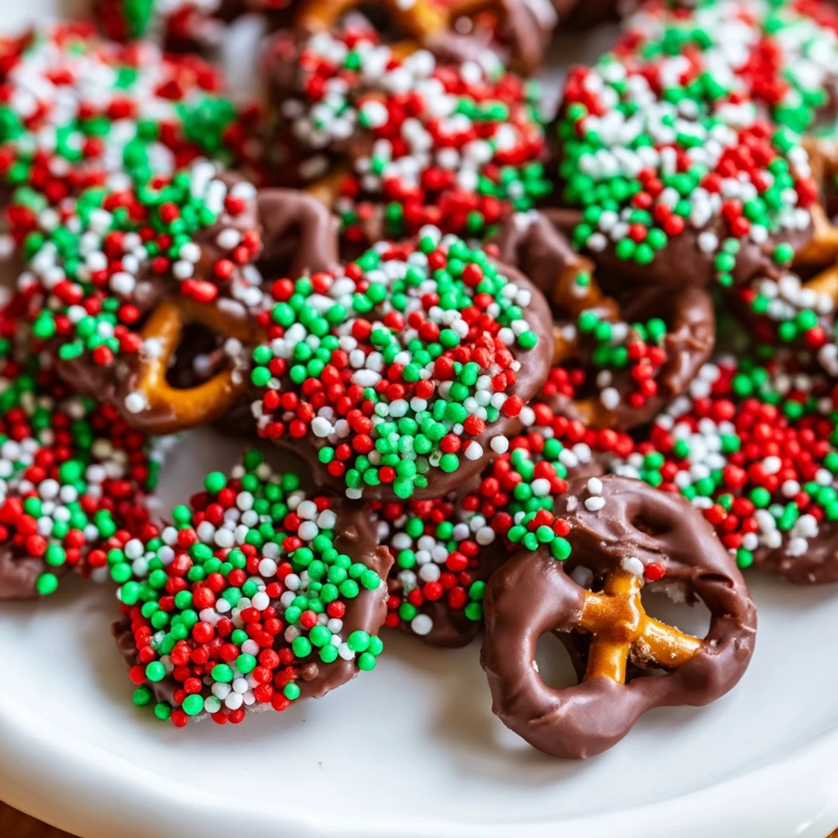 A close-up of Chocolate Covered Pretzels with Festive Sprinkles on a baking sheet, perfect for holiday parties or gift bags.
