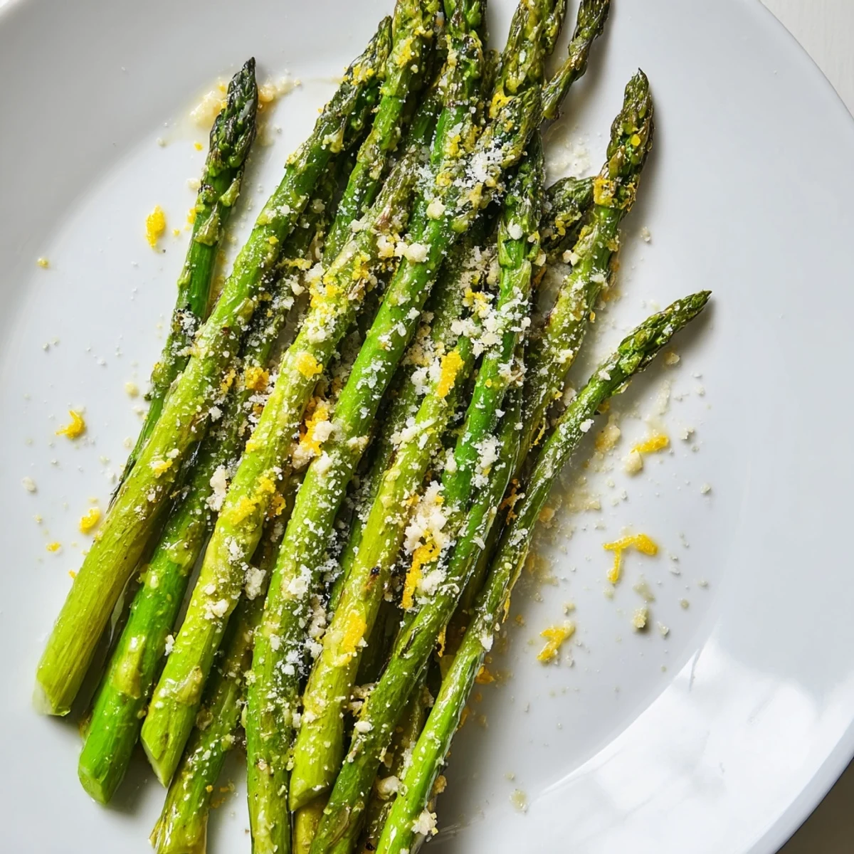 Bright green sautéed asparagus tossed with fresh garlic, lemon zest, and a shower of grated Parmesan for a savory finish.