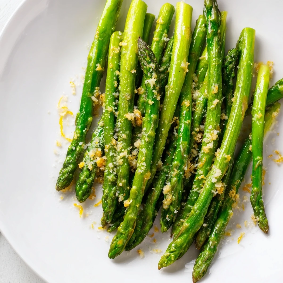 Tender crisp asparagus spears glistening with olive oil and lemon juice, plated warm as a vibrant Mediterranean side dish.