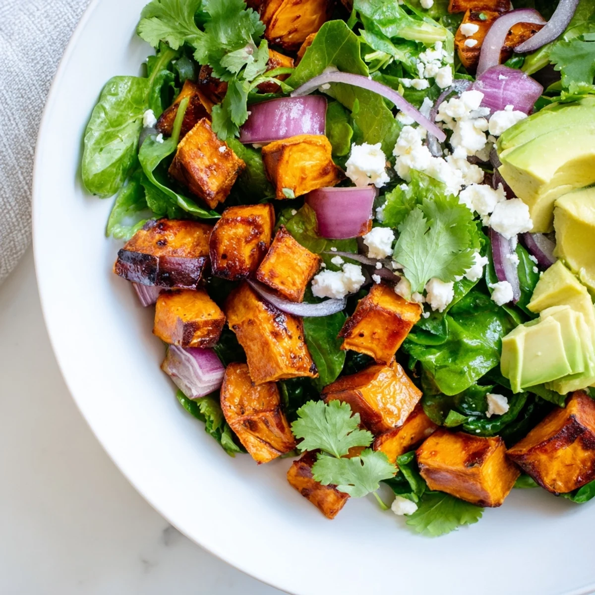 A bowl of roasted sweet potato salad featuring warm, spiced sweet potatoes, crisp arugula, and cilantro, drizzled with tangy lime dressing.