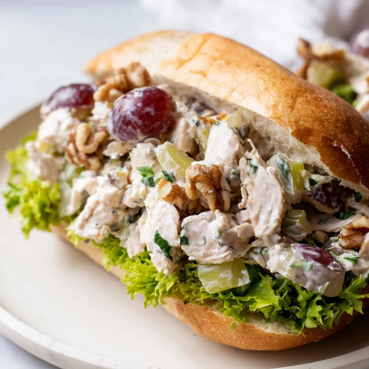 A close-up of a Chicken Salad Sandwich with Grapes and Walnuts on a toasted croissant, oozing with creamy dressing.
