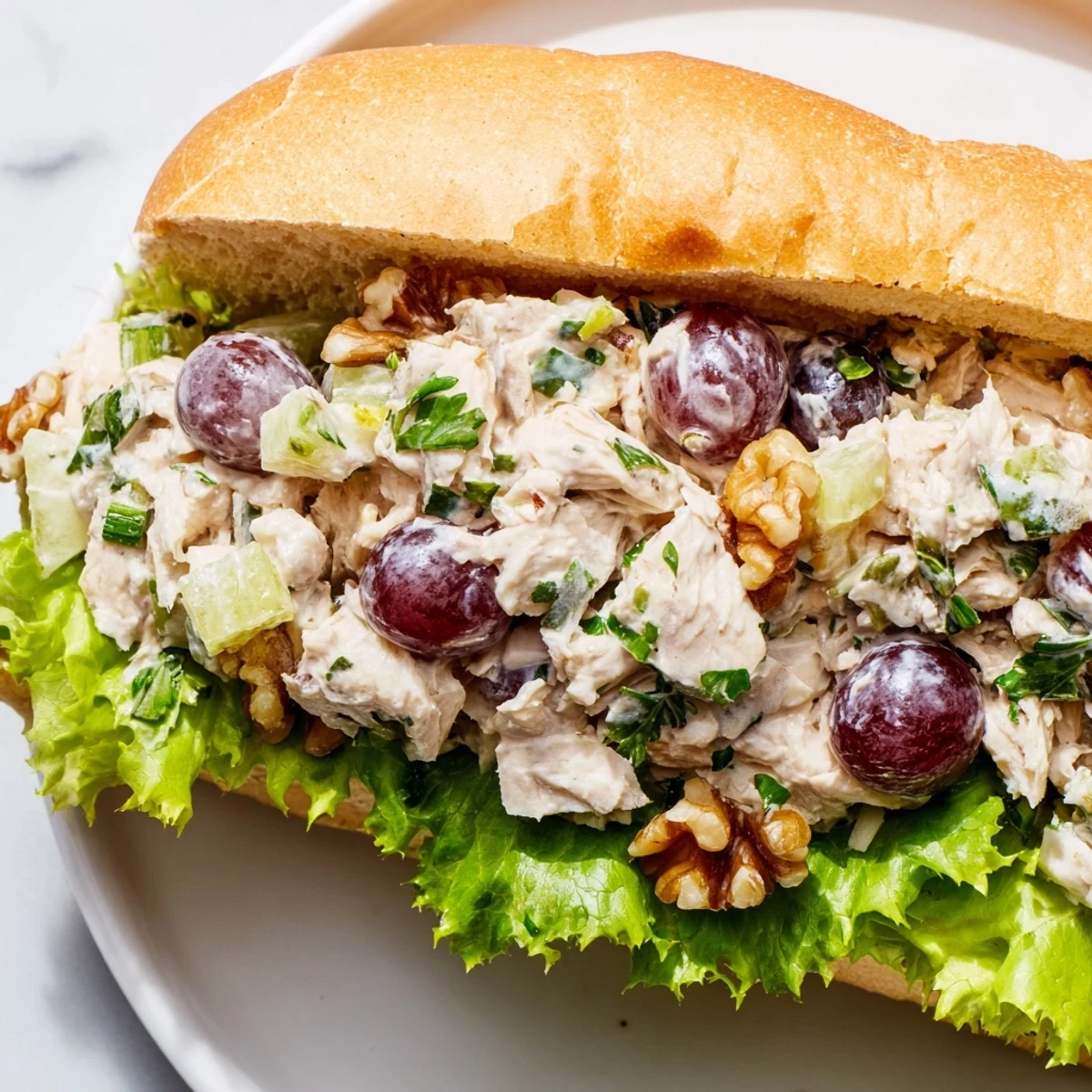 Freshly made Chicken Salad Sandwich with Grapes and Walnuts on whole grain bread with lettuce, served on a wooden board.