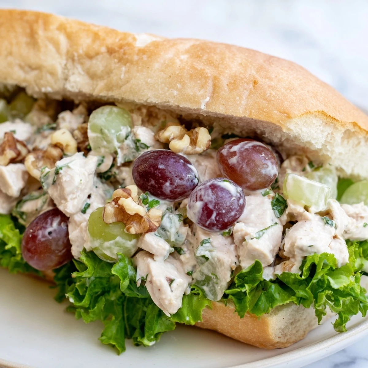 Overhead view of a Chicken Salad Sandwich with Grapes and Walnuts next to a bowl of extra salad mix and halved grapes.