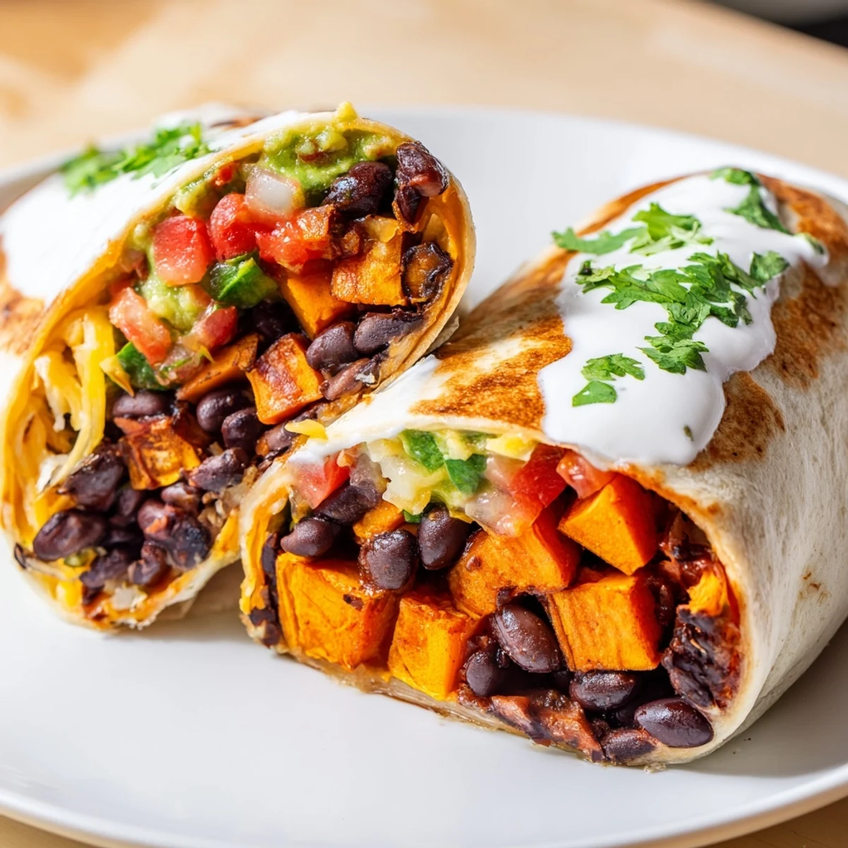 Golden roasted sweet potato and black bean burritos filled with cheddar and fresh spinach on a white plate.