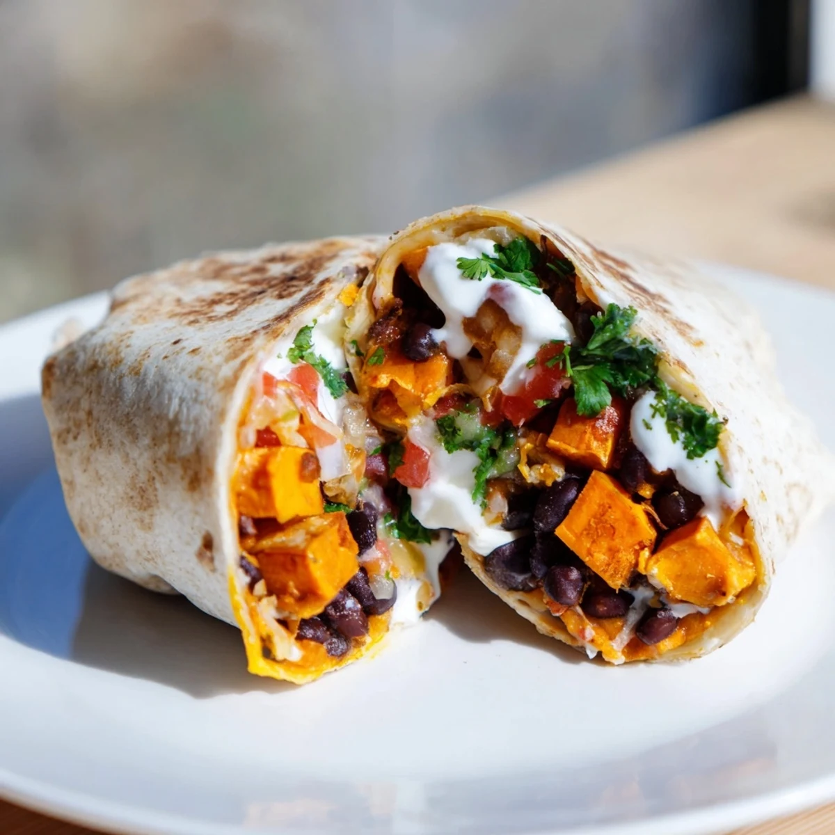 Hearty roasted sweet potato and black bean burritos stacked on a rustic board with avocado and pico de gallo.