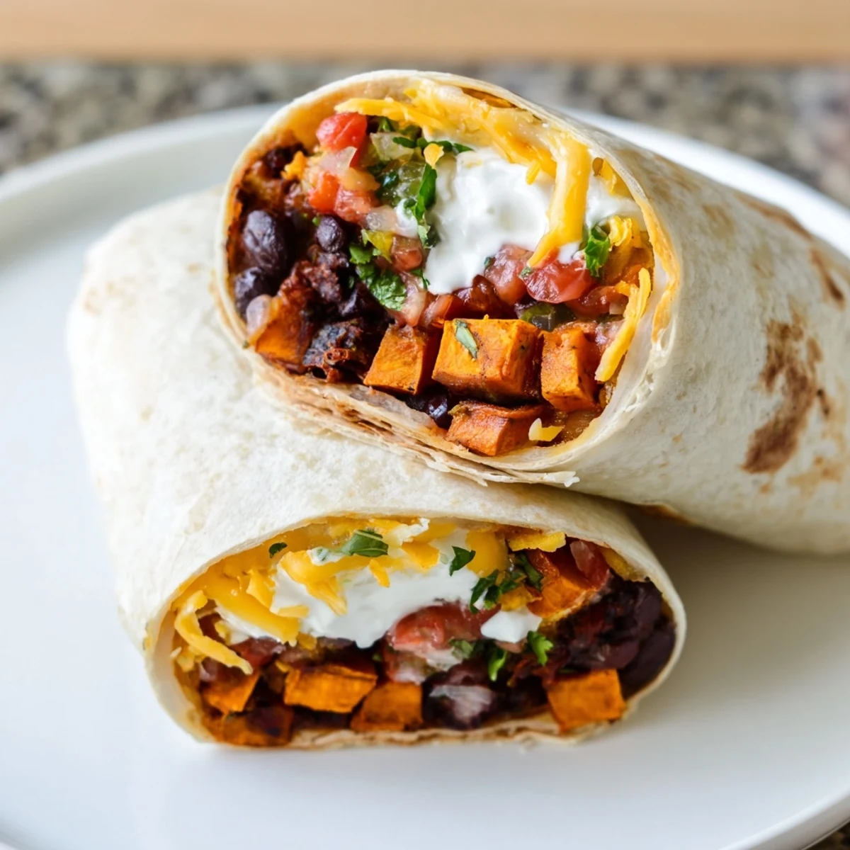 Warm roasted sweet potato and black bean burritos sliced to show black beans, cheddar, and fresh toppings.