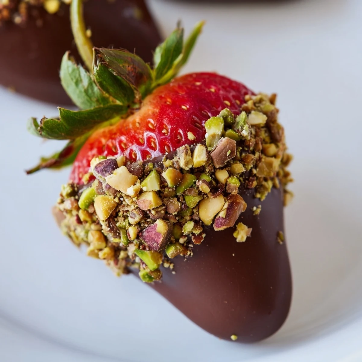 Fresh, ripe strawberries fully coated in glossy dark chocolate, rolled in crunchy chopped mixed nuts, displayed on white parchment paper.