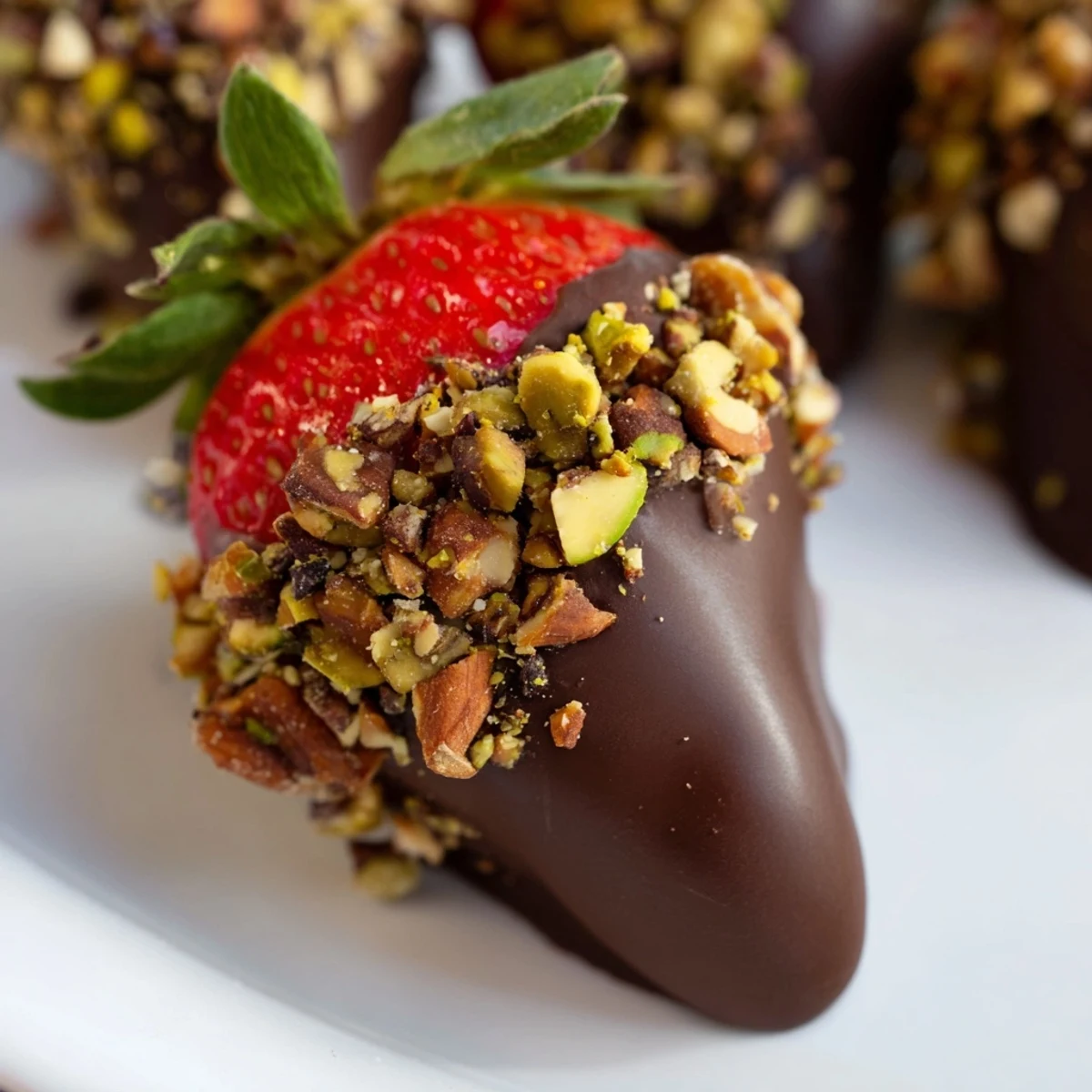 Twenty large strawberries with stems, dipped in rich chocolate and finished with a nutty crunch, ideal for easy entertaining or gifting.