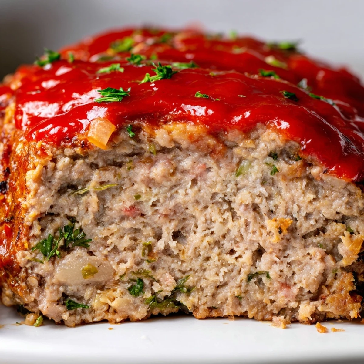 Freshly baked turkey meatloaf with a sticky tomato glaze on a rustic wooden board, garnished with parsley and ready to slice for dinner.
