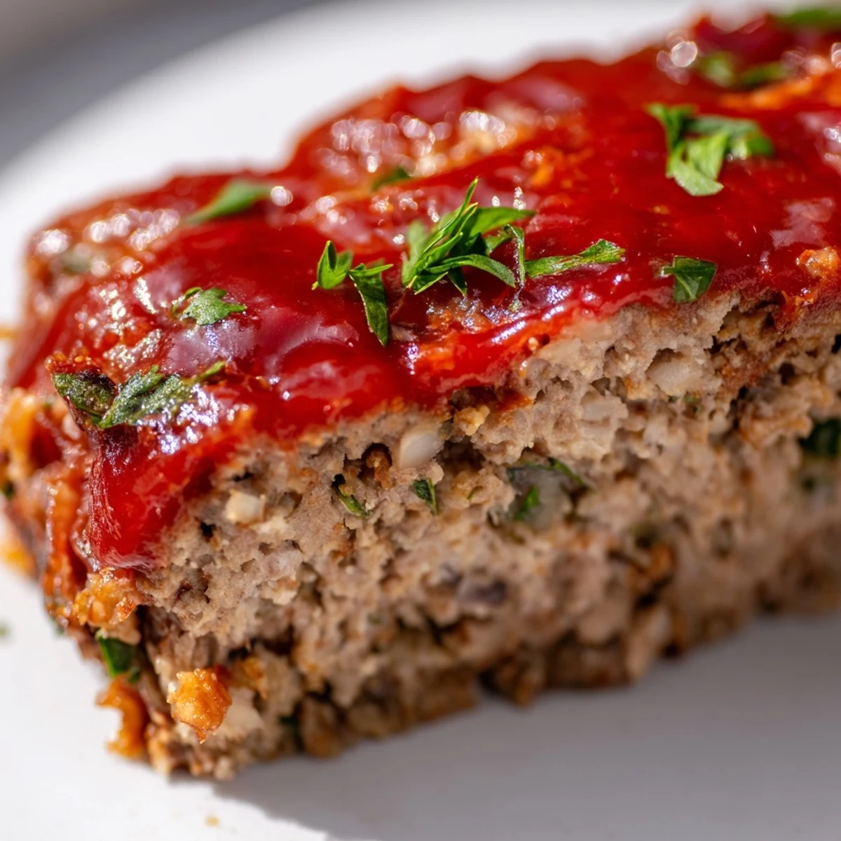 Golden-brown turkey meatloaf with caramelized tomato glaze on a baking sheet, steam rising from the freshly baked loaf.