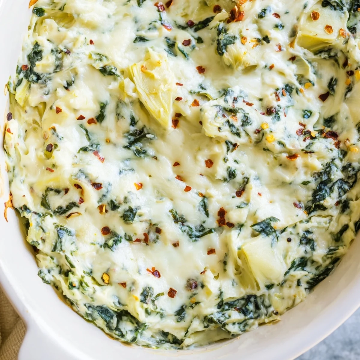 Golden, bubbling Creamy Spinach and Artichoke Dip fresh from the oven, served warm with crunchy tortilla chips.