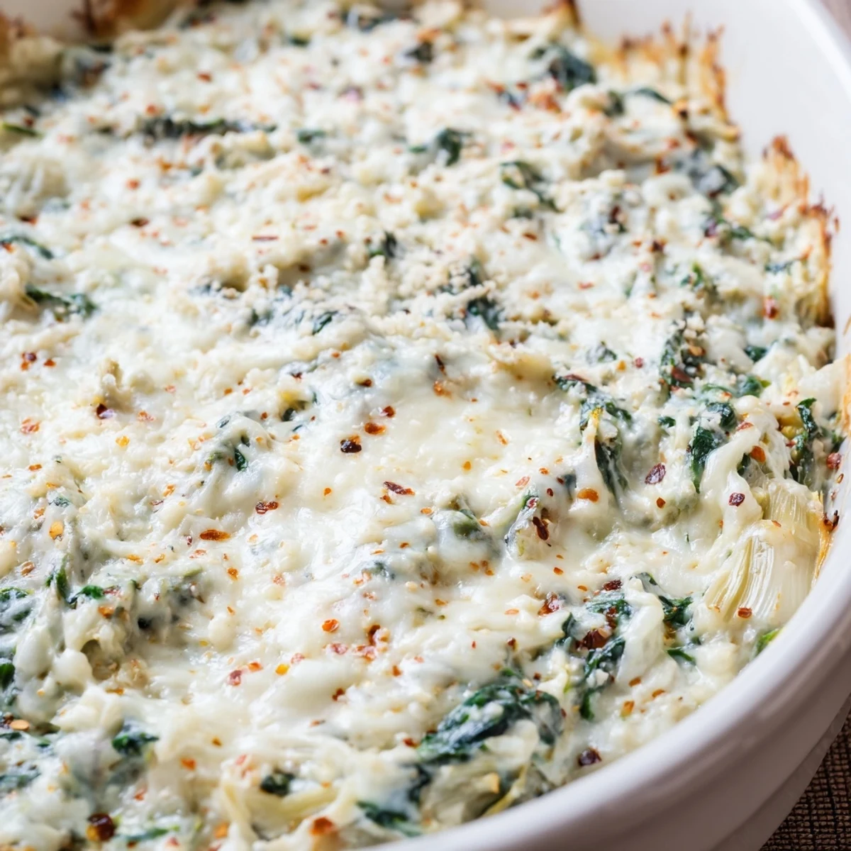 Party-ready bowl of Creamy Spinach and Artichoke Dip paired with toasted baguette slices for easy dipping.