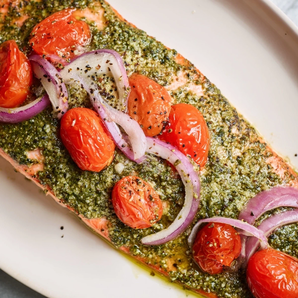 Golden-brown Baked Salmon with Pesto and Tomatoes fresh from the oven, glistening with basil oil and bright red cherry tomatoes.