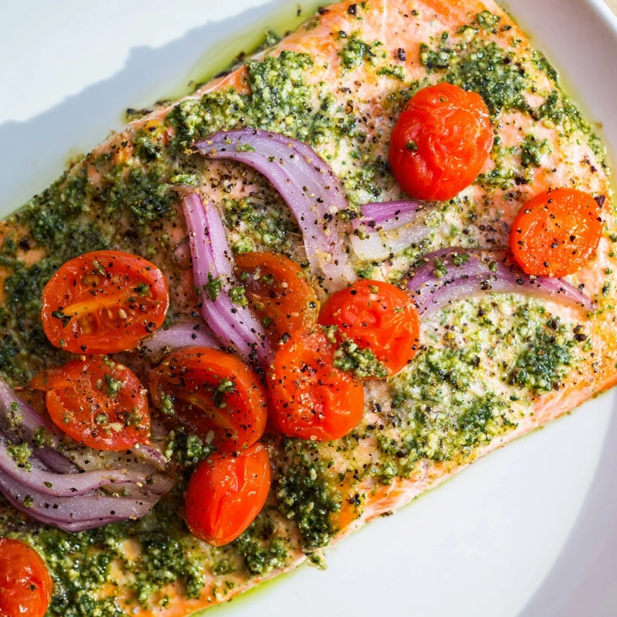 Tender Baked Salmon with Pesto and Tomatoes served on a white platter with lemon wedges for a fresh squeeze.