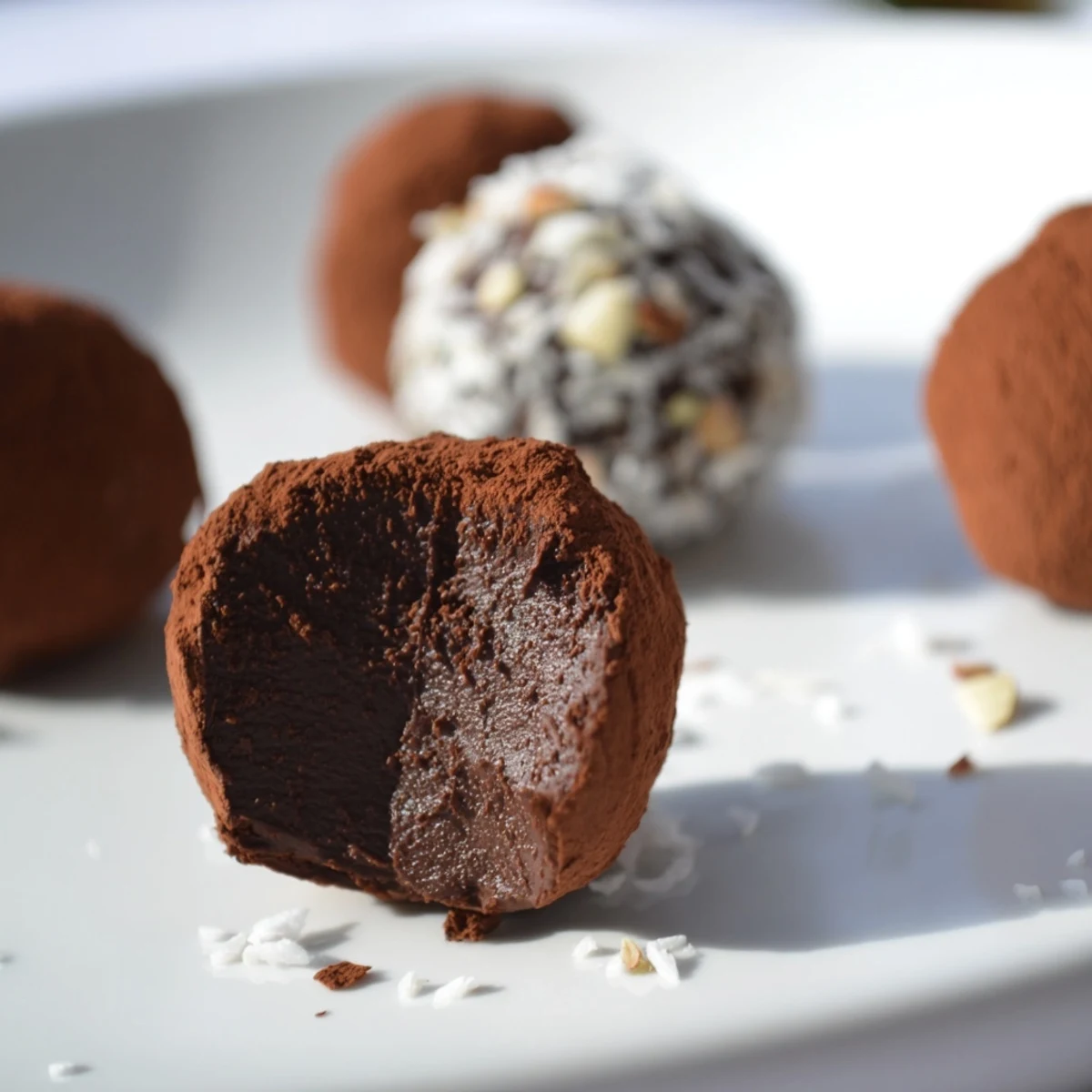 Glossy Decadent Dark Chocolate Truffles rolled in cocoa powder and toasted nuts, perfect for gifting.  