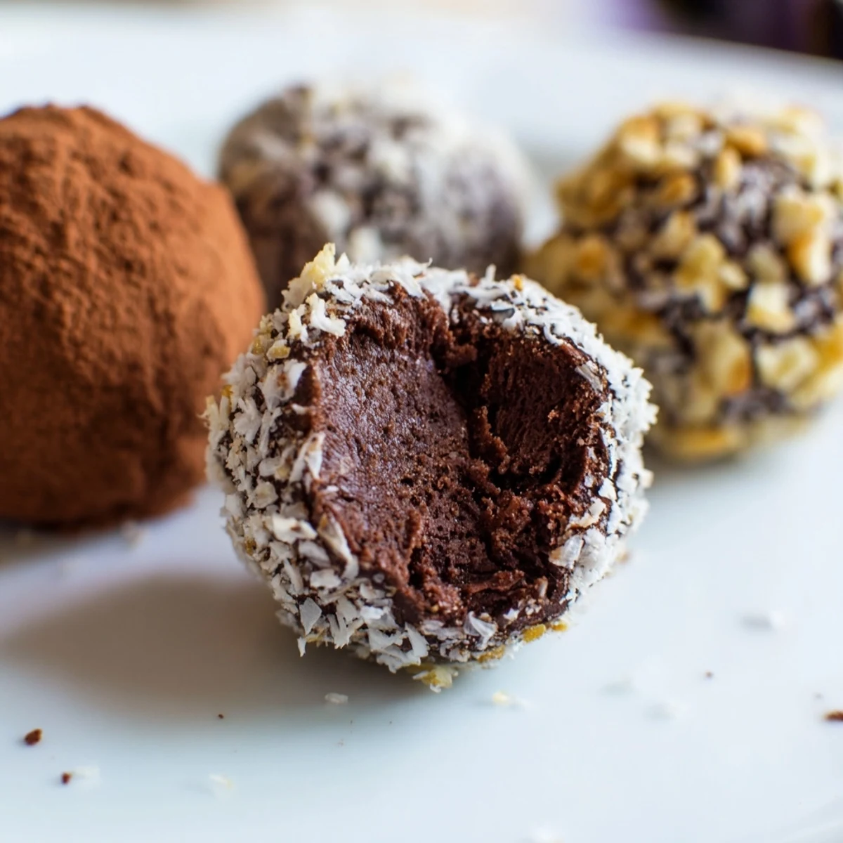 Velvety Decadent Dark Chocolate Truffles on a marble board, dusted with cocoa and ready to enjoy.  