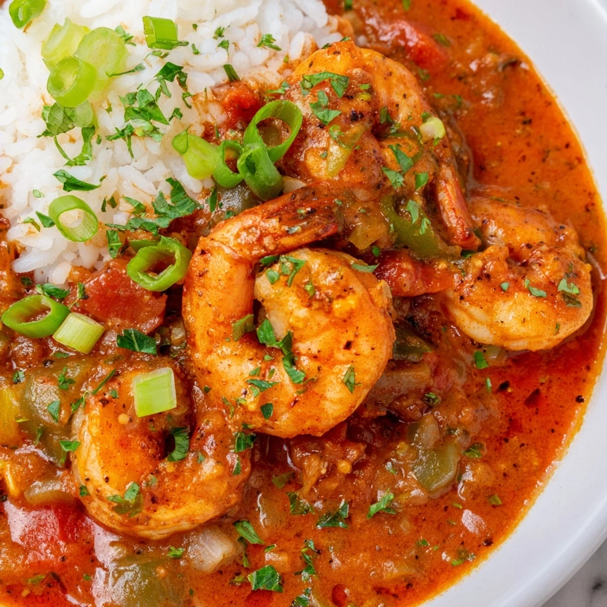 Spicy Shrimp Étouffée simmering in a rich, tomato-based roux with bell peppers and onions served over fluffy white rice.