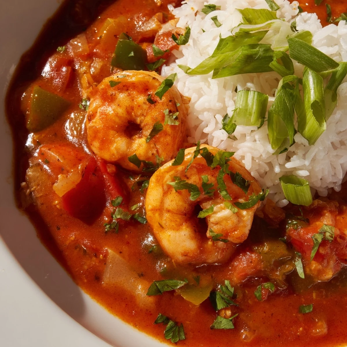 A close-up view of Spicy Shrimp Étouffée featuring plump, pink shrimp nestled in a velvety, aromatic Creole sauce.