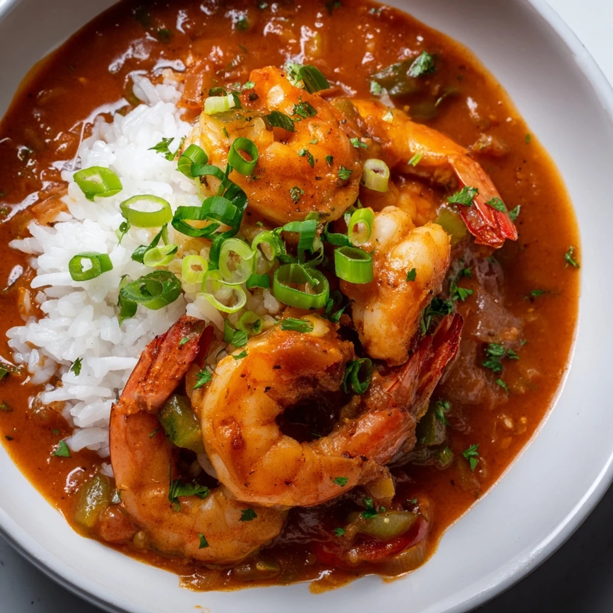 Ready-to-serve Spicy Shrimp Étouffée garnished with fresh green onions and parsley, paired with crusty French bread on the side.