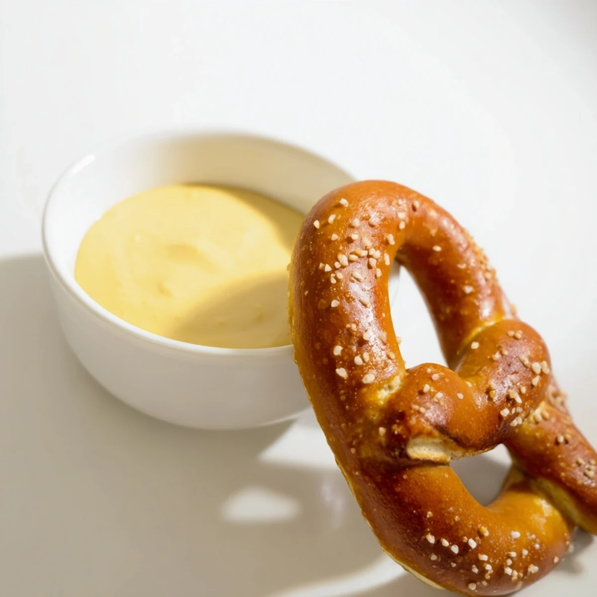 Golden-brown Game Day Soft Pretzels with Cheese Sauce sit on a wooden board, garnished with coarse salt.